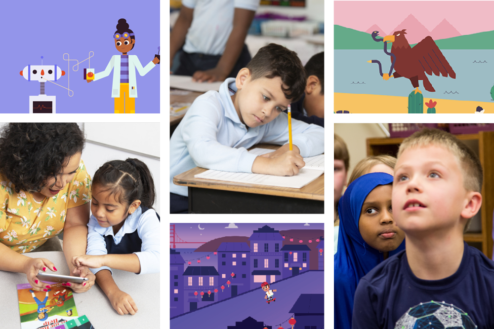 Collage of six varied educational scenes including students in classrooms, animation of a campus, and a stylized eagle over mountains, highlighting the Amplify Caminos Spanish language program.