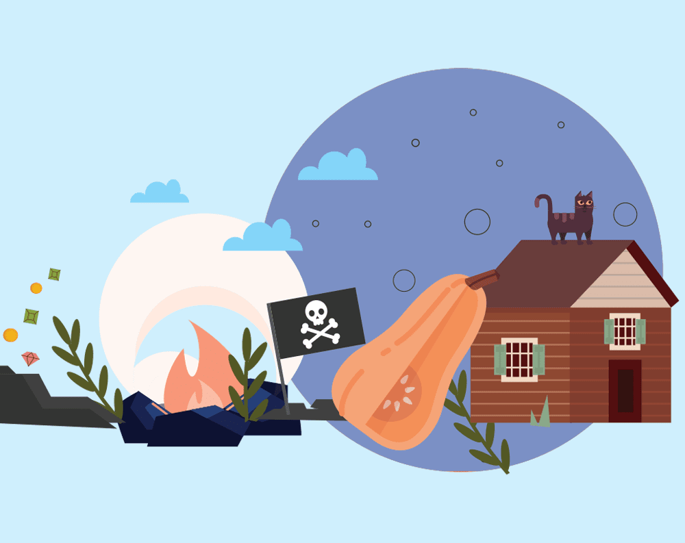 Illustration of a house with a cat on the roof, a large squash, a fire with a skull flag, and floating geometric shapes against a blue background.