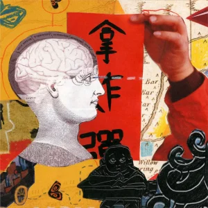 A collage featuring a vintage brain illustration, a hand holding a red paper with black characters, abstract shapes, and various layered textures and colors serves as a vibrant backdrop for K–5 personalized reading curriculum materials.