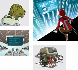 A futuristic collage perfect for middle school reading: a dinosaur in a lab coat, a "Wanted" sign with a hooded figure, machines teaching humans, and a group with a robot. With Amplify Reading, the machines teach you everything you need to know.