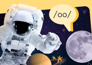 Astronauta flotando en el espacio con planetas, estrellas y la luna. Un globo de diálogo muestra el símbolo fonético "/oo/" sobre un fondo cósmico violeta.