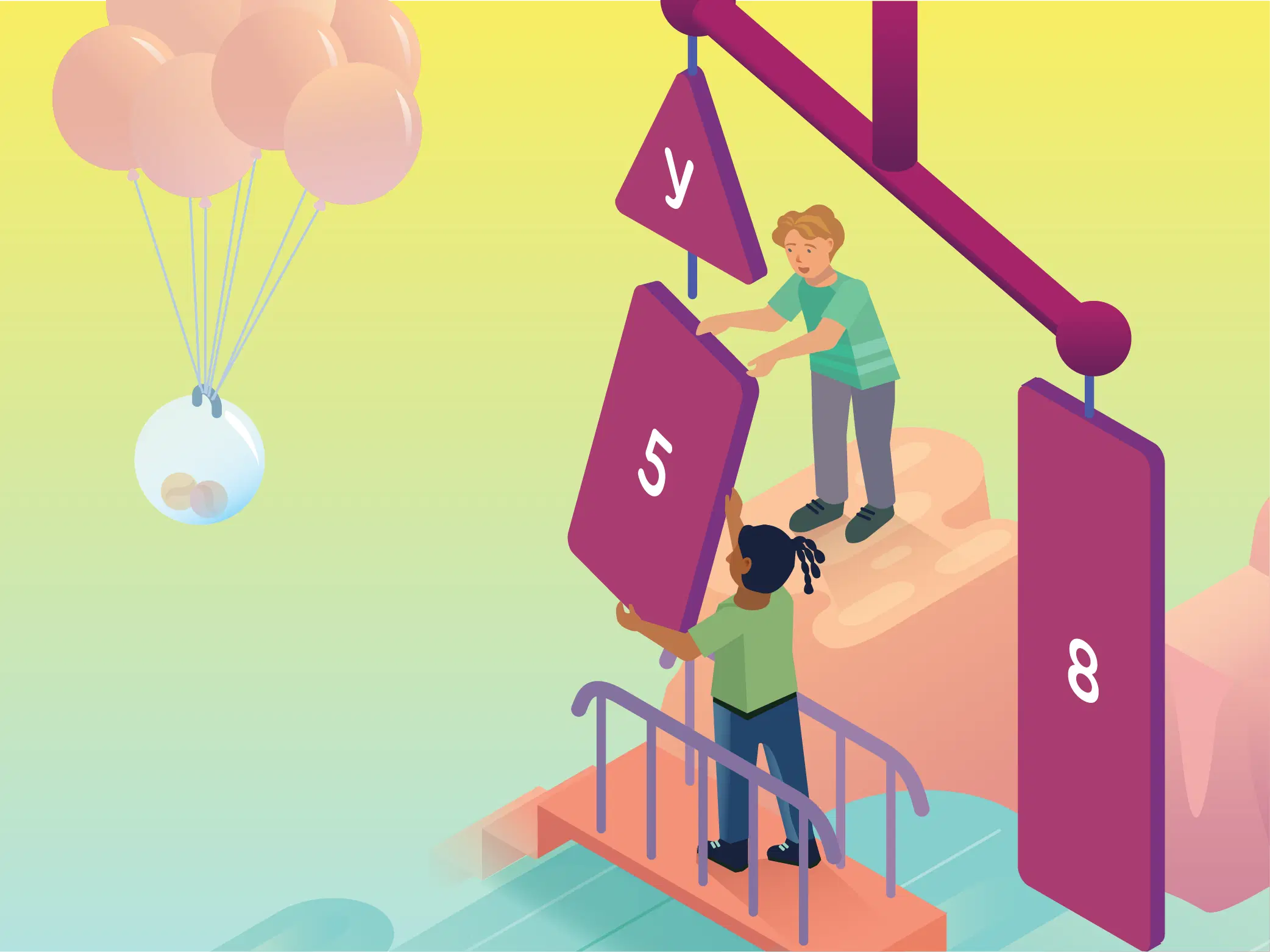 Two people are adjusting large hanging cards labeled 'y', '5', and '8' on a balance scale. Nearby, a clear orb holding coins is suspended by bunches of pink balloons, reminiscent of creative curriculum resources & guides.
