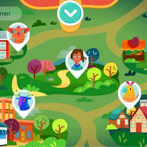 Illustrated map with a person and two animals in location markers, surrounded by trees, buildings, and a market stall. A large checkmark is at the top center.