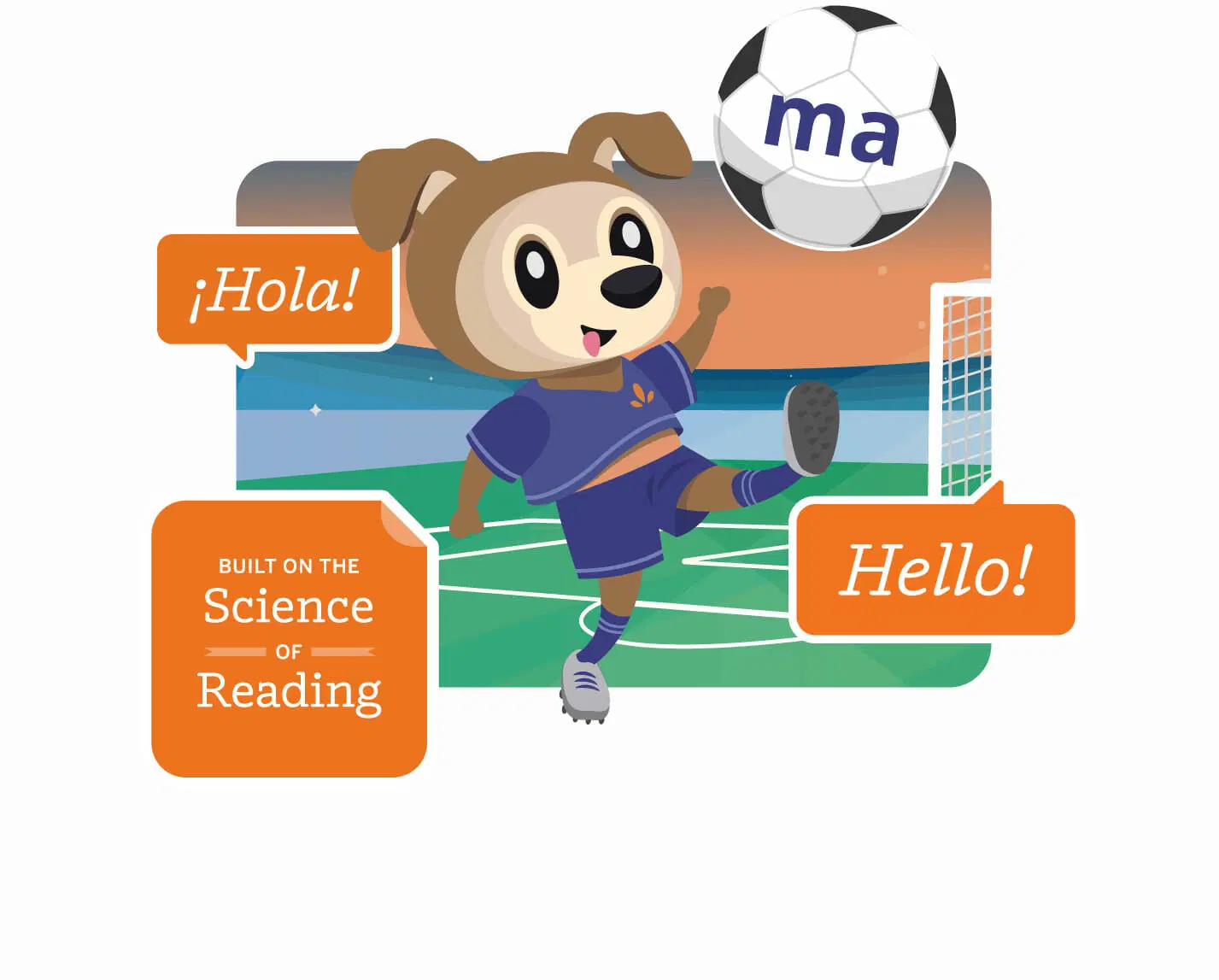 Caricatura de un oso jugando al fútbol en un campo y diciendo "¡hola!" ¡y hola!" con logotipos y texto que sugieren un tema de aprendizaje de idiomas, diseñado para ampliar el plan de estudios.