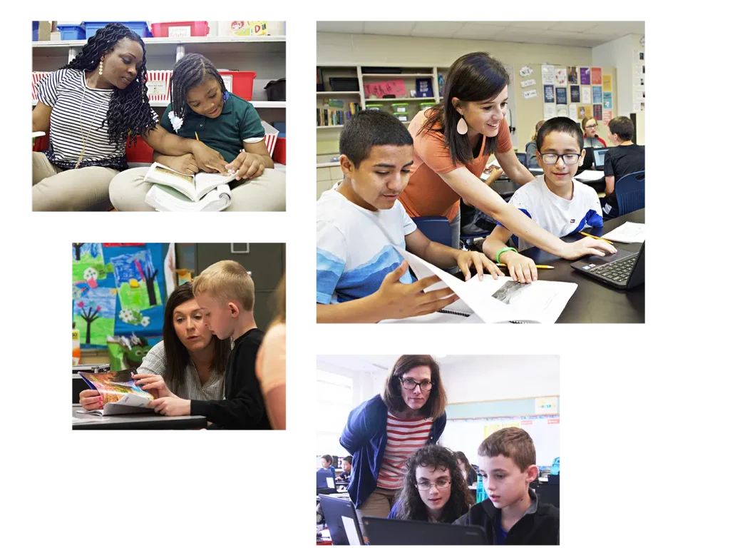 Collage of four images showing diverse teachers using Amplify curriculum resources to engage with students in classroom settings, including reading and computer activities.