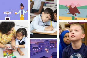 Collage of school activities: cartoon scientist, children engaging in early literacy, mythical creature, and cityscape.