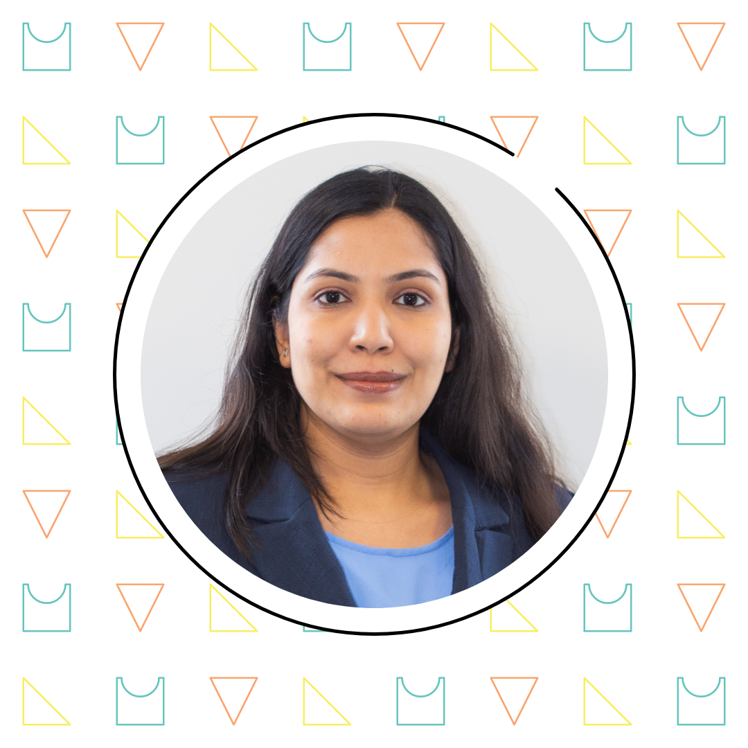 Portrait of a woman with long dark hair, wearing a blue blazer, smiling slightly, centered within a circular frame on a math teaching-themed background with geometric shapes.