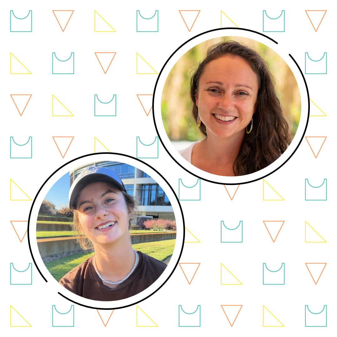 Two portraits in circular frames over a background with geometric shapes; the top shows a smiling woman with curly hair, and the bottom features a happy young woman wearing a cap and holding a "Dear Math