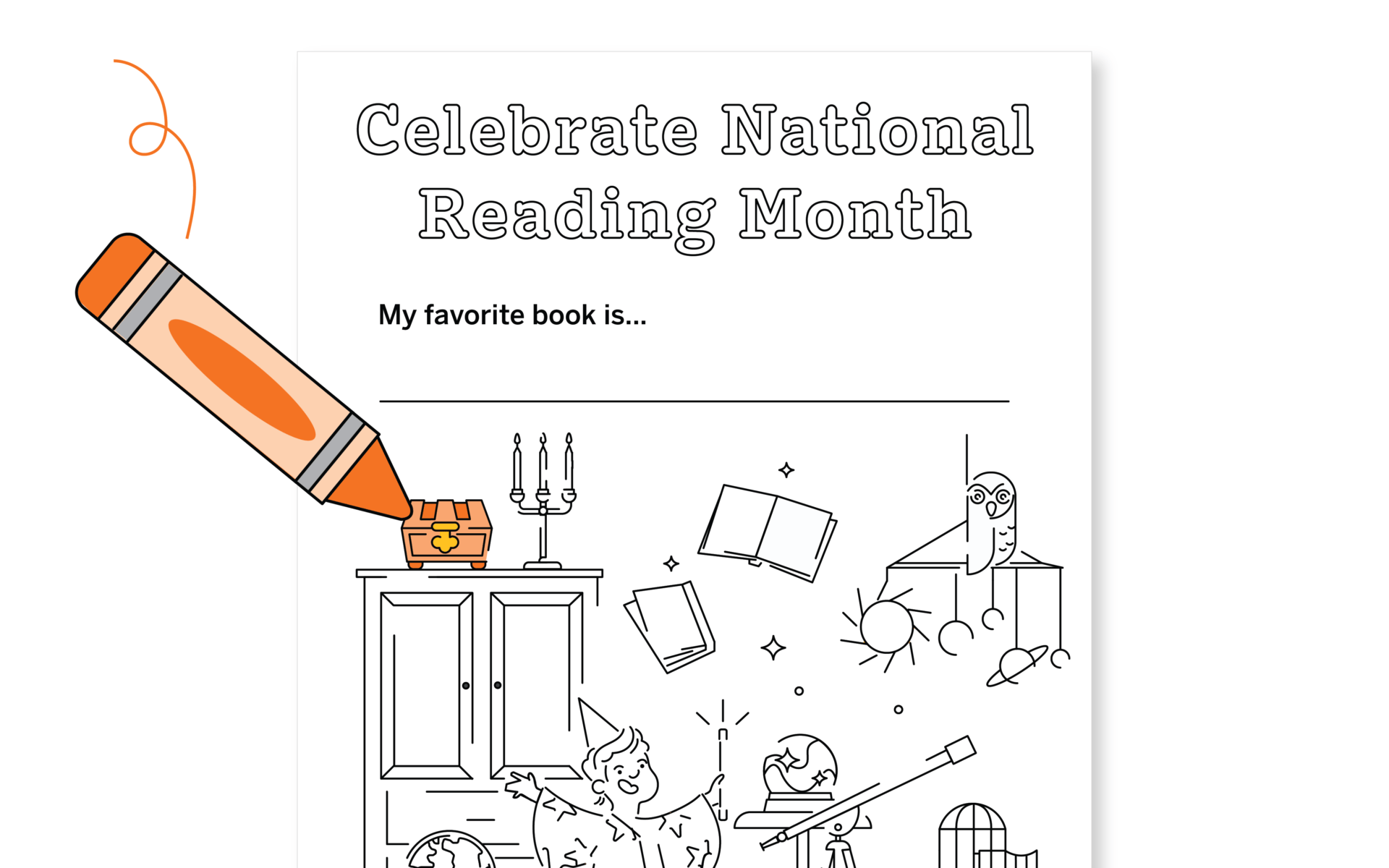 An illustration for national reading month, featuring an elementary school child joyfully imagining scenes from a book, with a giant pencil above a blank section captioned "my favorite book is...