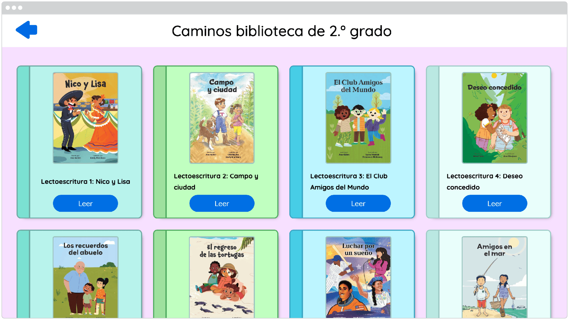 Pantalla de selección de libros de texto en español que muestra ocho coloridas portadas de libros para segundo grado, tituladas